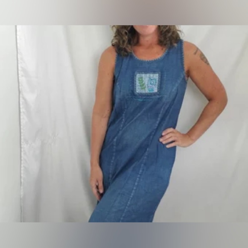 Vintage 90s Studio‎ Ease Long Denim Dress midi Sleeveless jumper made in the usa